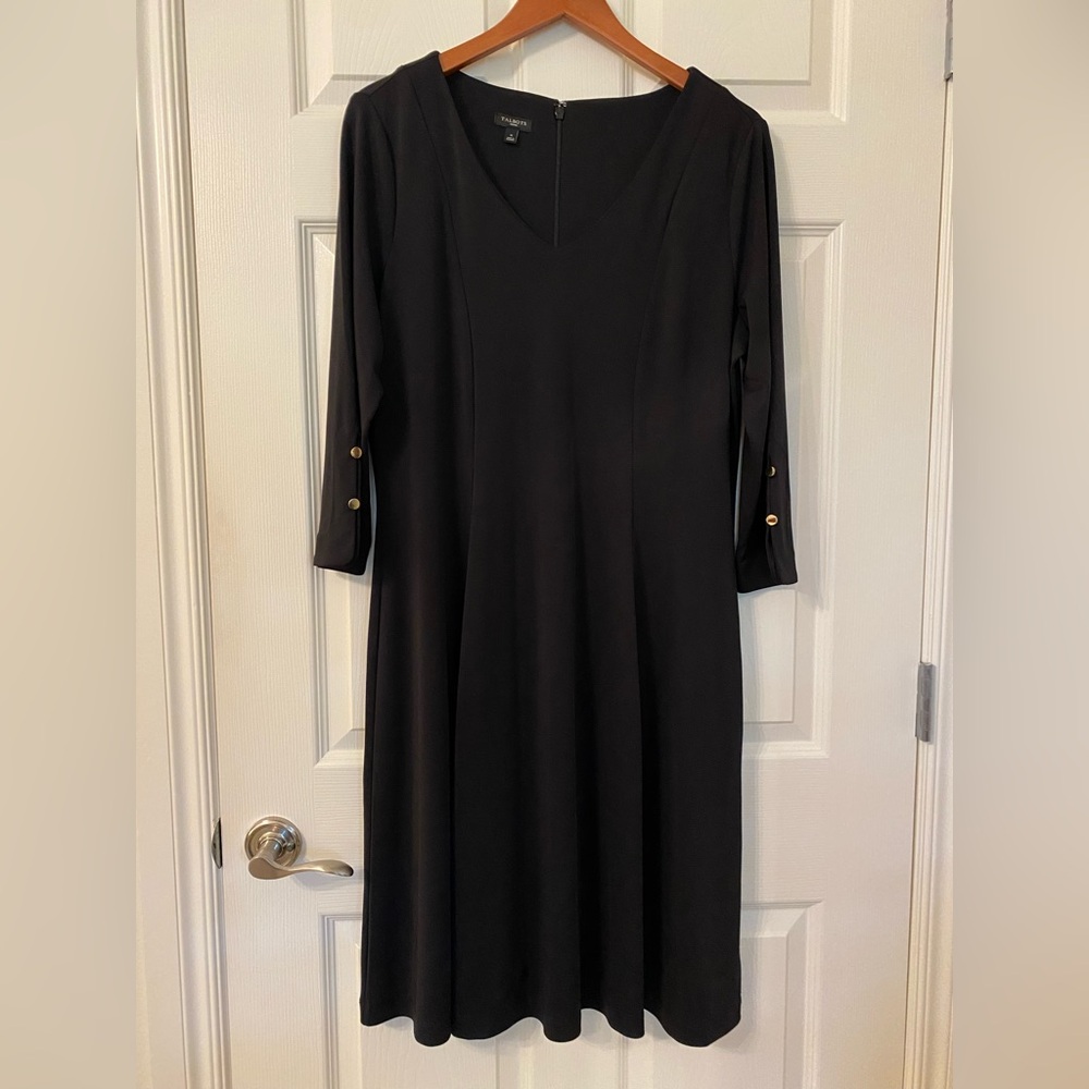 Talbots Elegant Black Dress with 3/4 length sleeves and Gold Button Accents